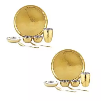Heavy Gauge Stainless Steel Dinner Set | Gold Colour PVD Plated Steel Thali Set | Stainless Steel Dinner Set for Kitchen | Thali Set for Dinner