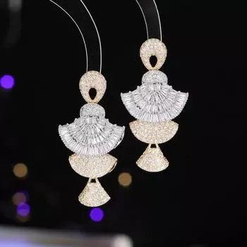 Heavy industry color zircon small skirt earrings round face thin earrings three-dimensional gradual change pink fan earrings