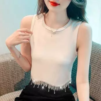 Heavy Industry Tassel Rhinestone Vest Tops Women 2025 New Arrival Fashion Pure Desire Stylish Outer Wear Underwear Sling White M