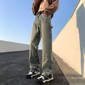 Heavy Industry Washed Jeans Men s Summer American Retro Zipper Hiphop Pants Loose Straight Leg Tide Brand Wide Leg Pants XS чёрный