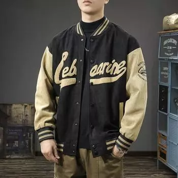 Тяжелый замшевый бейсбольный джерси мужская куртка свободного большого размера американский уличный трендовый бренд контрастного цвета спецодежда снаружи M