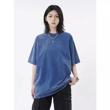 Heavy Weight Retro 280G Washed Men and Women Distressed Short Sleeve Dark blue short sleeve XL