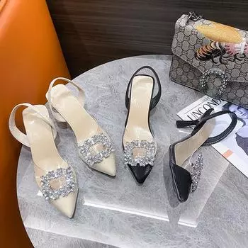 Heel Sandale Femme New Fashion Square Rhinestone Pointed Toe Sandale Luxury Chaussures 2024 Elegant Dress Party Zapatos Mujer 34 абрикосовый