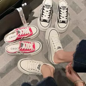 Тапочки без каблука с сумкой на голове, летние новые парусиновые туфли на платформе, женские однопедальные туфли Lazy Single 35