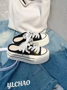 Heelless transparent mesh shoes platform bag head half slippers women s summer new one-pedal lazy shoes casual board shoes 35 чёрный