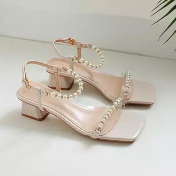 Heels Women Summer Low Heel Transparent String Bead Rhinestone Temperament Princess Style Versatile Roman Sandals Womens Shoes 34 бежевый