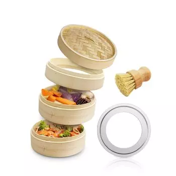 Height Adjustment Steamer Kitchen Brush 2 Steaming Chinese Bamboo Steamer Natural Steamer Steaming Board 22cm pot inner diameter [With WheelCase Set]