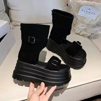 Height increase 8cm thick-soled high-top sandals women s 2025 summer new open-toe fashion personalized wear, ride a locomotive cool boots tide 34