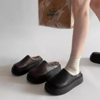 Height-increasing bag head thick-soled half-slippers for women to wear 2024 new autumn and winter velvet one-pedal Boken cotton slippers 35 чёрный