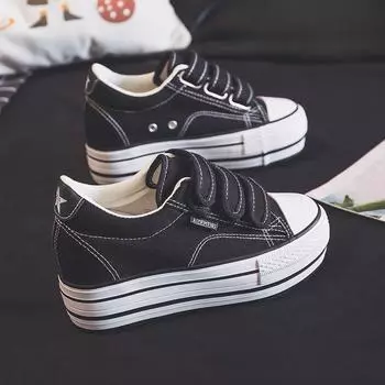 Стелька, увеличивающая рост 8 см, парусиновые туфли, женская обувь, весенние новые туфли на толстой подошве с липучкой, ленивые студенческие туфли для скейтбординга 34 чёрный