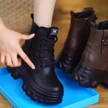 Height-increasing Martin boots women s autumn 2024 new small leather platform short boots women s winter velvet non-slip warm shoes 35