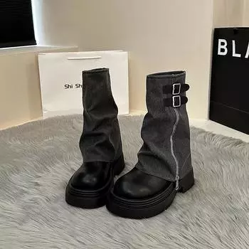 Height-increasing Martin boots women s new spring and autumn brown retro small side zipper trouser boots 35