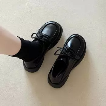 heightened thick-soled lace-up small leather shoes, new spring models, autumn and winter retro British style, lazy people pedal loafers with one foot 35