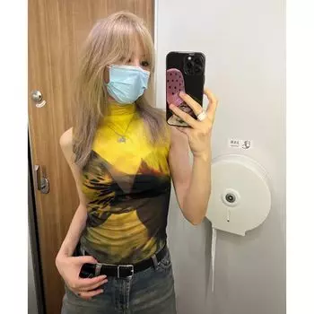 Heissi Fashion Style Sexy Silm Retro Print Elastic Mesh Turtleneck Vest Bottoming Shirt Tops Women s Summer Flower color S