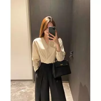 Hejia French Style Fancy Mulberry Silk Silk Shirt Seersucker V-neck Shirt Niche Style Design Blouse Female Summer Cream rice L