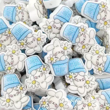 Hello Daisy Bunny с синим цветочным горшком Силиконовые бусины Силиконовые бусины, Бусины-ручки Set of 10