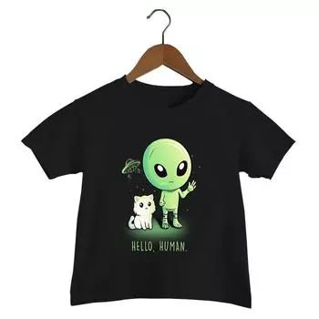 Hello Human Print T Shirt Baby Boys Funny Alien UFO T-shirt Cute Cat Graphics Kids Clothes Girls Harajuku Summer Streetwear Top 110