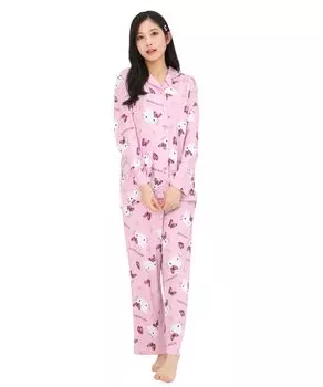 Hello Kitty рубашка пижама пудра стрейч длинный рукав длинные брюки верх и низ комплект комнатная одежда домашняя одежда [SAZAC] женская (Розовый/M/SAN1906) розовый