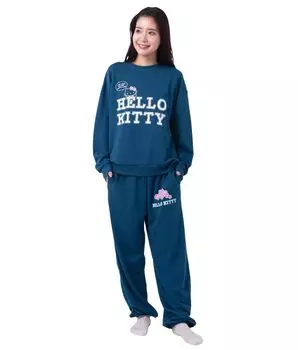 Hello Kitty Sweat Set Long Верхняя и нижняя одежда для дома [SAZAC] Пижама, флис, унисекс, женская, мужская, рукава, брюки, комплект, (военно-морской флот темно-синий