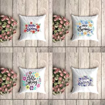 Hello spring lettering with flowers White Square Pillow Case Dust Cover Bedroom Party Decoration Day Children Birthday Gift