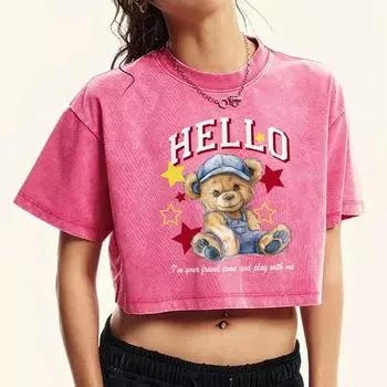 Hello Star Cartoon Bear Prints Washed Crop T Shirt Female Summer Cotton Clothes Retro Fashion Tee Top T-Shirts M