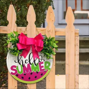 Hello Summer Деревянная подвесная вывеска Деревянная дверная вешалка с бантом Добро пожаловать Декор для крыльца для пекарни