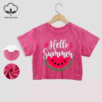 Hello Summer Watermelon Printing Cotton Crop Tops Lace Hem Washed T-Shirts O-Neck Distressed Short Sleeve Clothes M