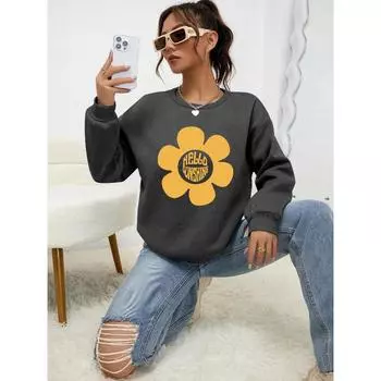 Hello Sunshine Big Yellow Flower Printed Hoodie Womens Autumn Casual Pullovers Fleece Simple Sweatshirt Crewneck Female Tops S