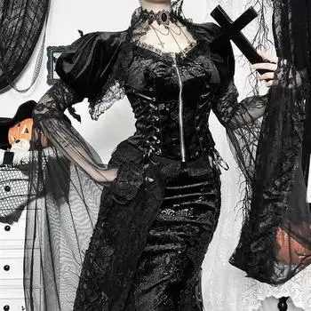 Хеллоуин 2024 бархатный кардиган с рукавами-трубами для женщин L чёрный