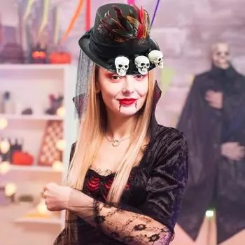 Хеллоуин Стимпанк Цилиндр Фетровая шляпа Череп с перьями Сетчатый костюм для вечеринки на Хеллоуин