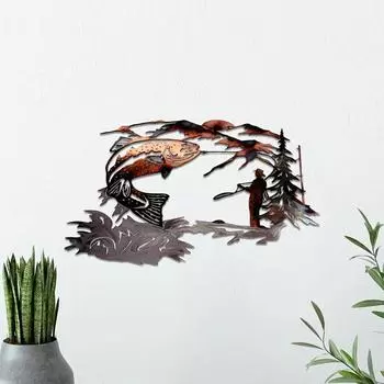 HelloYoung 3D Металлическое настенное украшение Охота на крякву и ловля форели Настенное украшение Подарочный декор для гостиной Настенный декор светло-серый