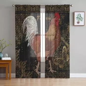 Hen Illustration Butterfly Farm Style Chiffon Sheer Curtains for Living Room Bedroom Decor Window Voile Tulle Curtain Drapes W135 x H114cm