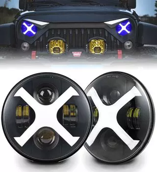 HENGTUAOTO Круглая светодиодная фара белого цвета с ДХО и синим указателем поворота, совместимая с Wrangler JK JKU TJ LJ 7 X-Style 2007-2017