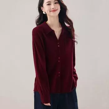 Hengyuanxiang Рубашка-поло из чистой шерсти в K-стиле с длинными рукавами Ankoala Red One size