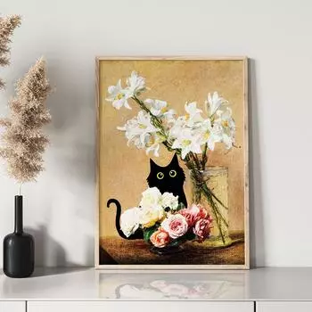 Henri Fantin Розы и лилии Кошка Печать Черный Кот Плакат Цветочный Забавный Кот Подарок Холст Картина Настенное Искусство Домашний Декор Картины 21x30cm No Framed