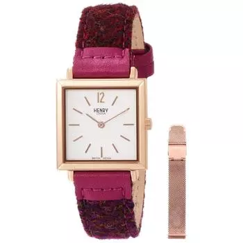 [Henry London] Часы с белым циферблатом из нержавеющей стали, минеральным стеклом, кварцевым механизмом и сменным ремешком, 26 мм, часы London HL26-QM-0432, обычные импортные, красные