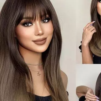 HENRY MARGU Длинные прямые синтетические парики Темно-черные коричневые волосы с омбре с челкой для чернокожих женщин Повседневные термостойкие парики для косплея LC021-1