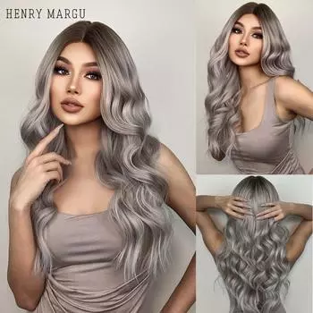 HENRY MARGU Длинный волнистый синтетический парик со средней частью для женщин Ombre Серый Светло-пепельный блондин Парики Темные корни Высокотемпературные искусственные волосы LC075-1