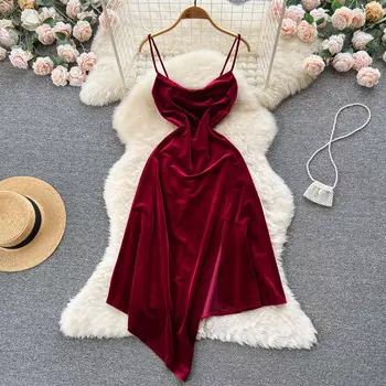 Хепберн ветер французский винтажный дизайн чувство темперамента талия отпуск нерегулярное сексуальное платье с лямкой на шее