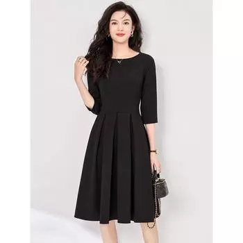 Hepburn Black round Neck 3/4 Sleeves Dress 2025 Fall New Arrival Minimalist Annual Meeting Black Dress Slimming A- line Skirt Black XL