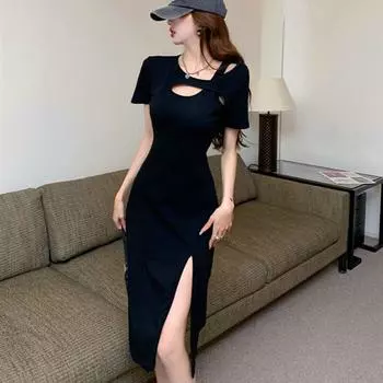 Hepburn Style Sexy Small Black Dress Female 2024 Summer New Arrival Pure Desire Series Elegant Slim Looking Waist High Slit Dress Black S (35.00 kg-40.00 kg