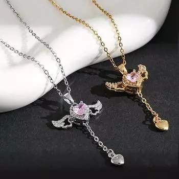 Her Lab | Подвеска «Розовая любовь» с крыльями ангела, ожерелье «Любовь Купидона», инкрустированное бриллиантами, упаковка в шкатулке для украшений