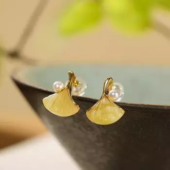 Украшения Her Lab | Серьги-подвески из натурального янтаря с жемчугом, серебряные иглы 925 пробы, серьги-гвоздики с темперой гинкго билоба, набор в шкатулке для украшений золотистый