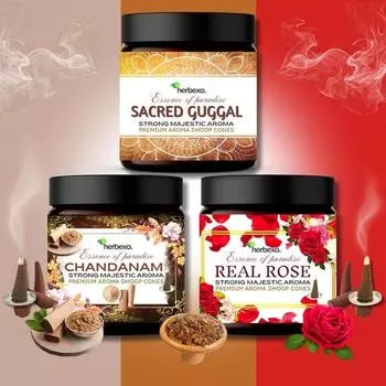 Herbexo Herbal Pooja Dhoop Cones | Guggal, Chandan, Rose 3 Natural Fragrance Trio Pack | Стойкие, величественные ароматы Ittar | 100% натуральный