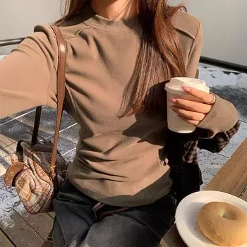 Herringbone line design inner bottoming shirt long-sleeved T-shirt women s autumn and winter new brushed thickened slim fit warm top S