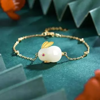 Hetian Jade Jade Hare Браслет из стерлингового серебра Женский S925 Национальная мода Дворцовый стиль Древнее золото Китайский стиль Ручные украшения