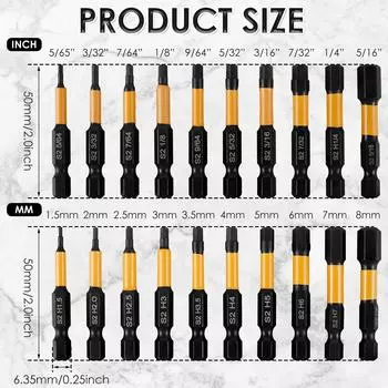 Hex Bit Set, S2 Alloy Steel Allen Wrench Drill Bit Set with Magnetic Tips, 1/4 Hex-shank Impact Hex Head Bits Set