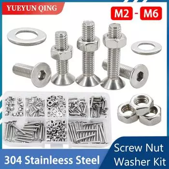 Hexagonal Countersunk Screw Nut Washer Set Metric Threaded Hex Bolt Nuts Spacer Kit Machine Screws Gasket Stainless Steel M2-M6