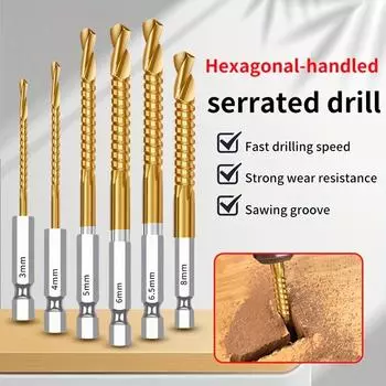 Hexagonal Handle Sawtooth Twist Drill Bit Set Multifunctional Saw Drill Combination Hand Drill Woodworking Bit Groove Sawtooth 6pcs коричневый