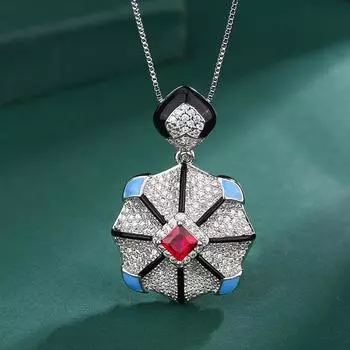 Hexagonal jewelry pigeon blood red imitation red corundum royal blue necklace fashionable exquisite niche generous light luxury women